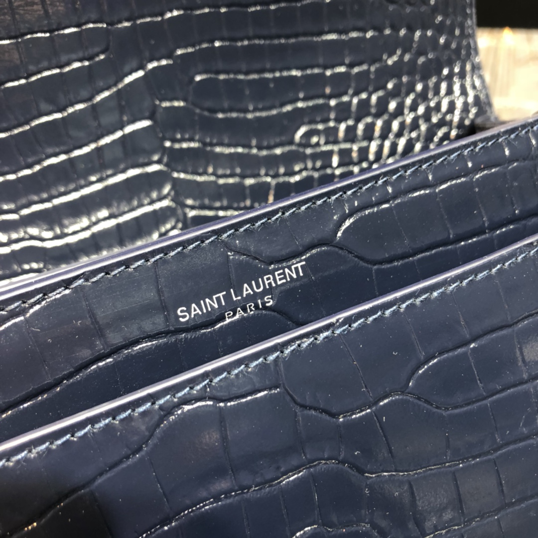 Saint Laurent Sunset Crocodile Embossed Calfskin Handbag Shoulder Bag Dark Blue 442906 Silver